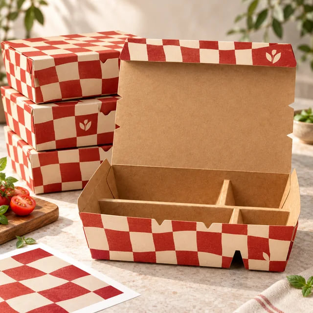 Caixas Compartimentadas Personalizadas para Refeições — OEM para Marcas de Catering — visualização de arte personalizada e composição