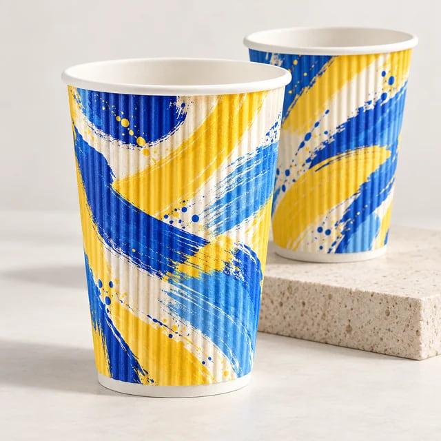 Copos de Papel de Parede Ondulada com Impressão Personalizada de 12oz — OEM em Grandes Quantidades — visualização da composição e da arte personalizada