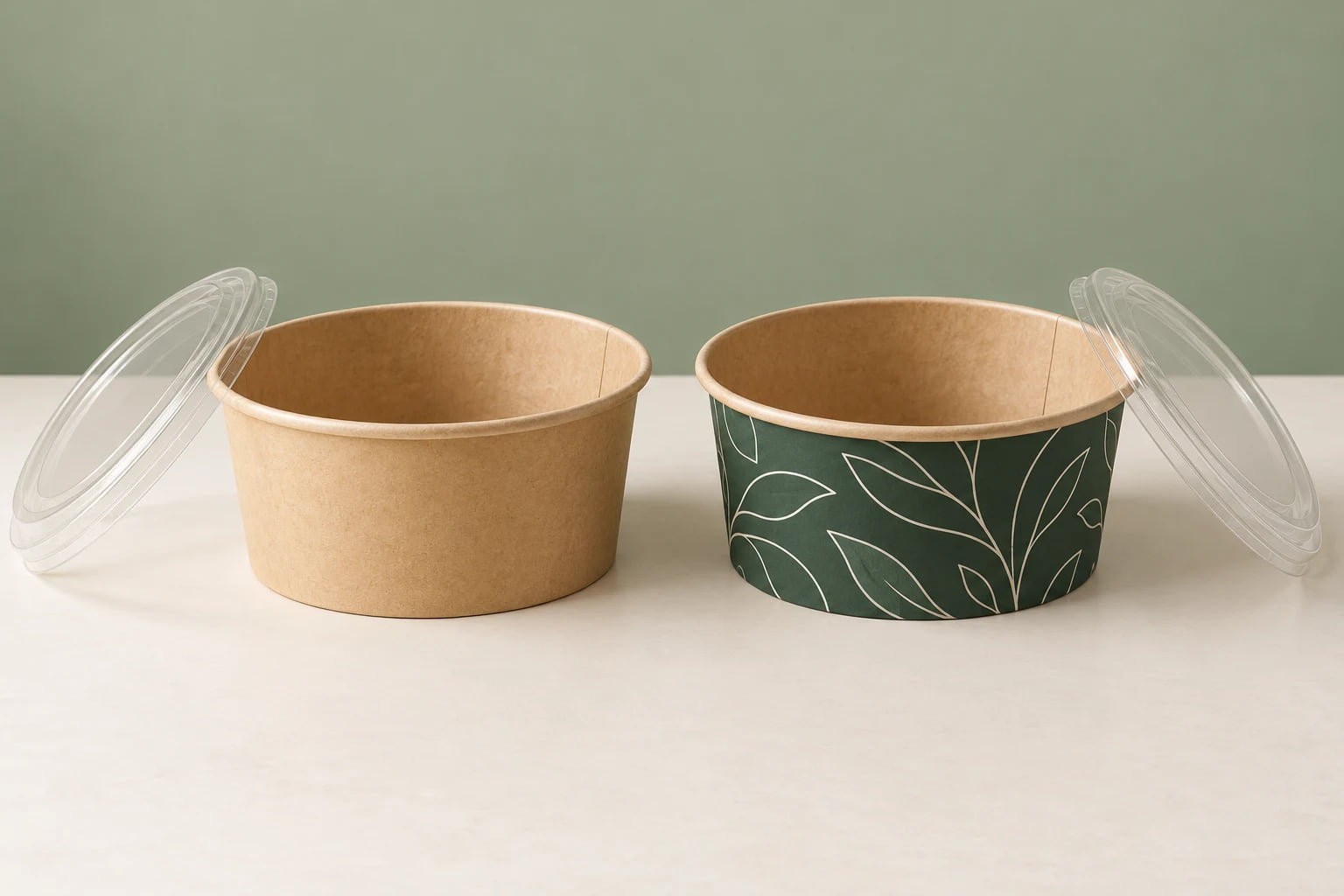 Natural kraft paper bowl and custom forest green printed bowl with lid