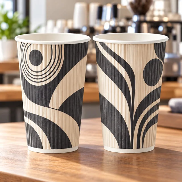 Copos de Café Personalizados com Parede Ondulada para Redes de Cafés — OEM em Volume — visualização de arte personalizada e composição