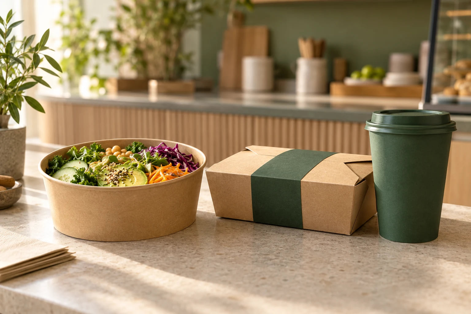Coffee and food packaging on a café counter
