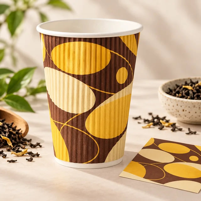 Copos Ondulados para Chá com Leite Quente — Fornecimento Personalizado em Volume com Marca — visualização de arte personalizada e composição