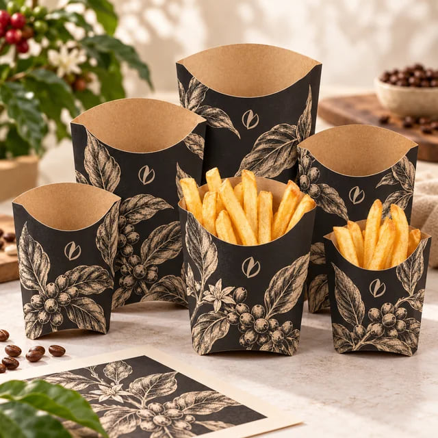 Copos Personalizados para Batata Frita para Redes QSR — OEM em Volume — visualização de arte personalizada e composição