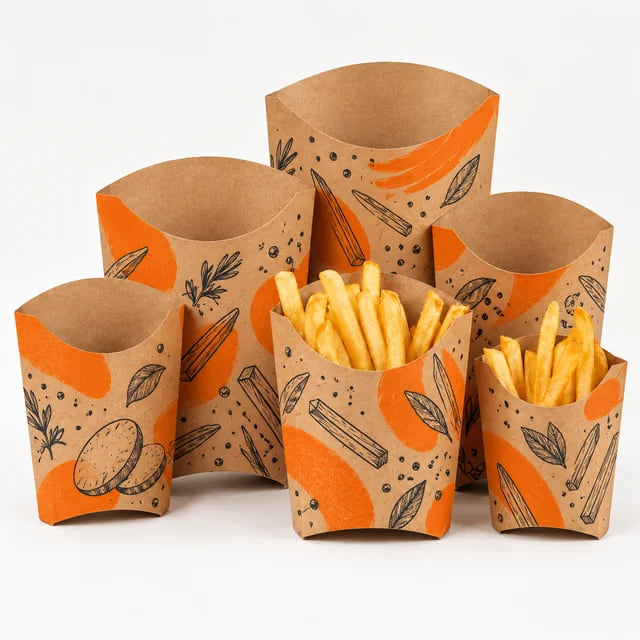 Copos Personalizados para Batatas Fritas de 14oz — Embalagem QSR em Grandes Quantidades — visualização da composição e da arte personalizada