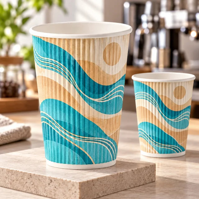 Copos Personalizados de Papel para Bebidas Quentes — OEM para Marcas de Hotelaria — visualização de arte personalizada e composição